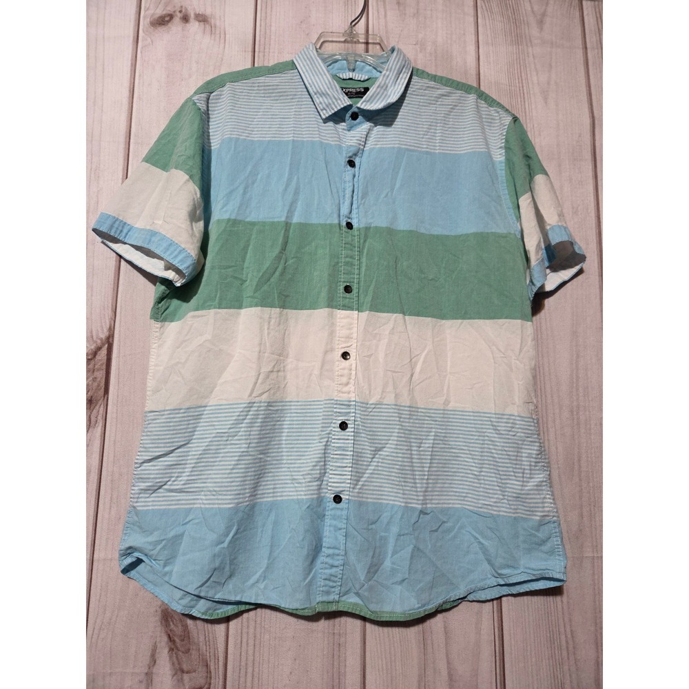 Express Mens XL‎ Short Sleeve Button Up Shirt Blue Green White Striped Cotton
